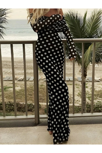 Silerra Polka Dot Tulle Lined Madonna Collar Maxi Length Dress