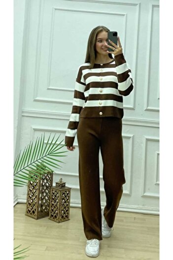 Cemre Life Stylish Women's Knitwear Two-Piece Set – Striped Cardigan and Wide-Leg Pants