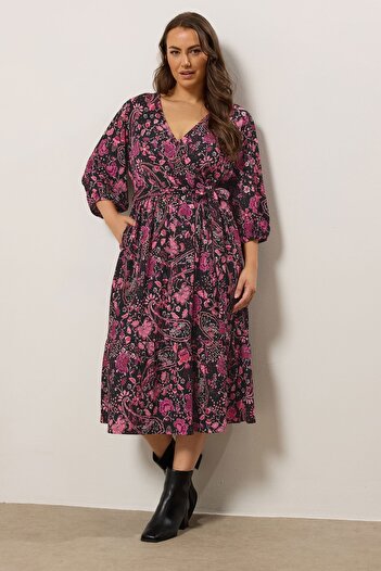 Stil Diva Plus Size Elastic Waist V-Neck Patterned Long Wrap Dress 616311