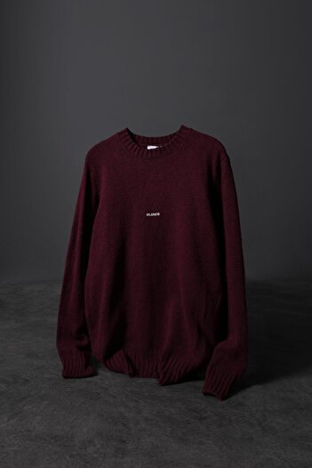 Slatra Men's Burgundy Silence Embroidered Wool Blend Crew Neck Oversize Sweater