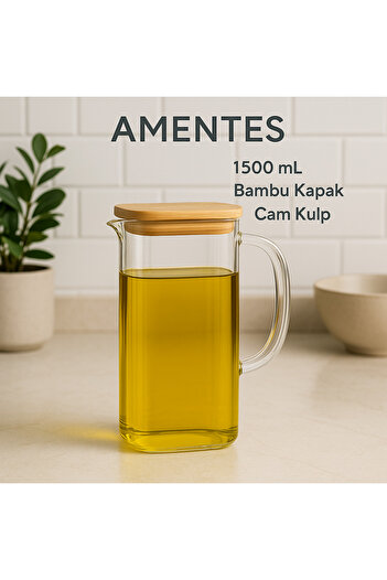 Amentes 1500 ml Pinterest Vacuum Borosilicate Glass Oil Container Vinegar Dispenser Milk Jug with Bamboo Lid