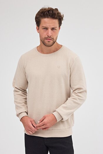 mmetalic Men's Beige Standard Fit Regular Cut Cotton Basic Crew Neck Sweatshirt