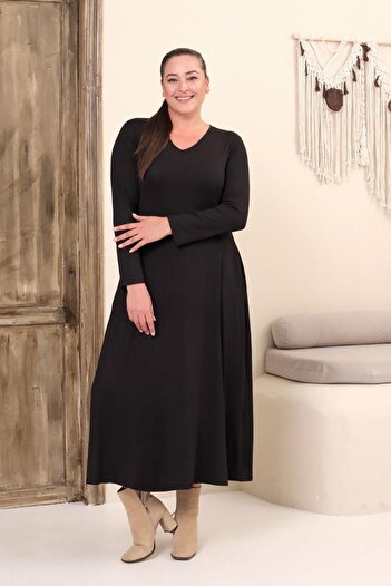 Truva XXL Plus Size Black V-Neck Full Length Dress – Viscose Lycra Comfortable Elegance