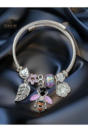 Cozyce Modern Steel Stylish Women Charm Bracelet Bee and Flowers