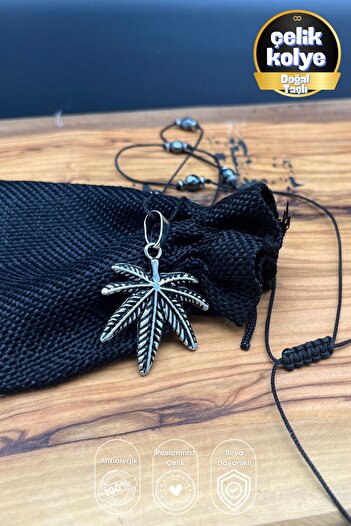 Balzamin Design Stainless Steel Leaf Necklace 60+15 cm Adjustable Cord Hematite Detailed Unisex Necklace