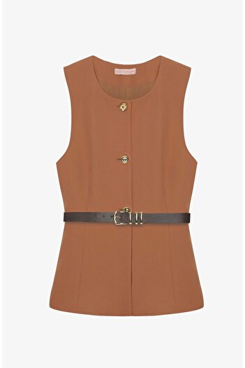 Quzu Women's Brown Crew Neck Belted Vest 25Yylk00163-Camel