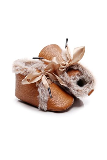 Superbaby Brown fur-lined ankle boots with satin bow