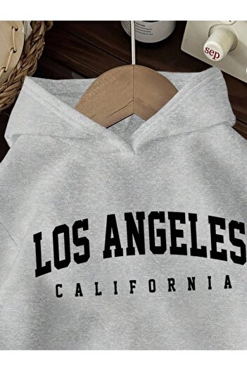 AFROGİYİM Unisex Los Angeles Printed Hooded Sweatshirt with 2 Threads