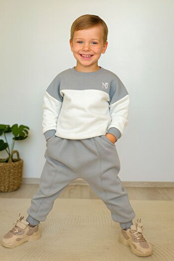 KOKOŞ BEBEK Harem Pants Front Stitched Tracksuit Set – Gray/White (31492) 3-10 Years