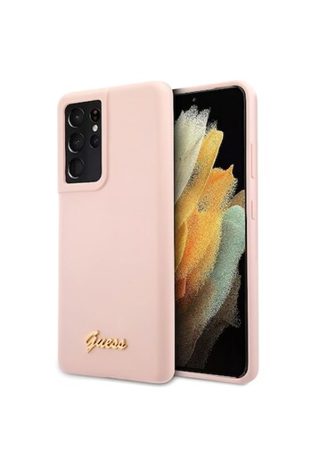 Guess Silicone Metal Logo Script Case for Samsung Galaxy S21 Ultra 5G - Pink