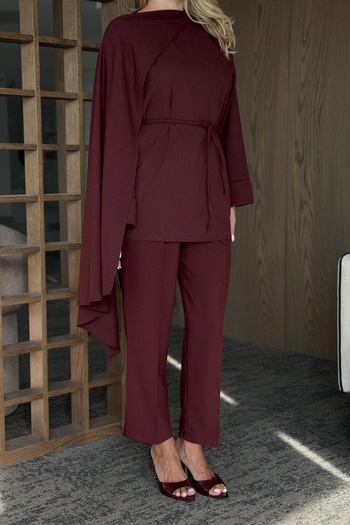 Laluvia Burgundy Self-Tied Blouse and Pants Set - 8752