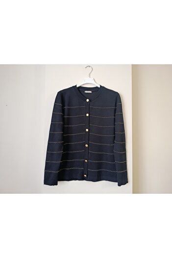 Butik Şans Gold Glitter Trim Button Closure Knit Cardigan