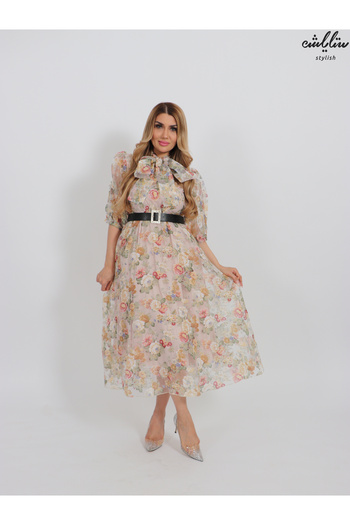 Stylish Elegant beige organza midi dress with floral design
