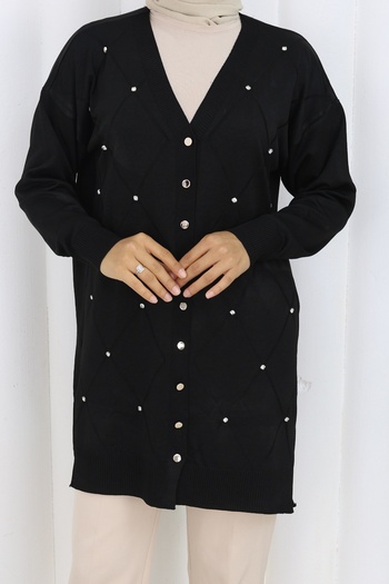 benguen Stone Baklava Patterned Long Cardigan N3246 Black