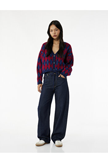 Koton Buttoned V-Neck Lace-Up Detailed Geometric Patterned Long Sleeve Knitwear Cardigan