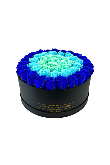 velve Aranjament floral Divine, in cutie rotunda neagra cu 51 trandafiri de sapun, Albastru