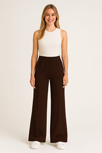 enmodaiçgiyim Promotion Price Brown Women's High Waist Lycra Velcro Closure Palazzo Wide Leg Pants