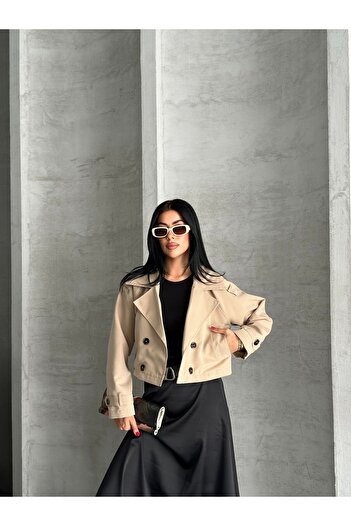 ParlaMira Women's Beige Crop 100% Cotton Gabardine Windbreaker Detailed Buttoned Lined Premium Trench Coat
