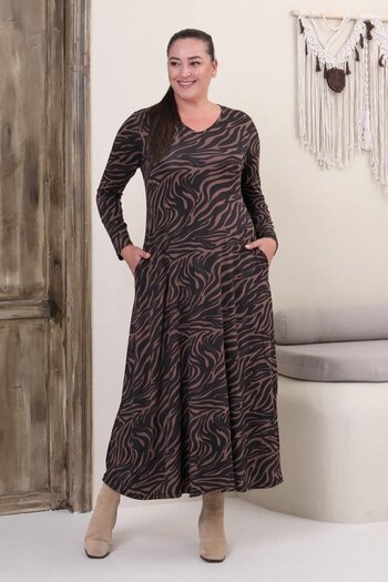 Truva XXL Plus Size Full Length V-Neck Zebra Print Viscose Lycra Long Sleeve Dress