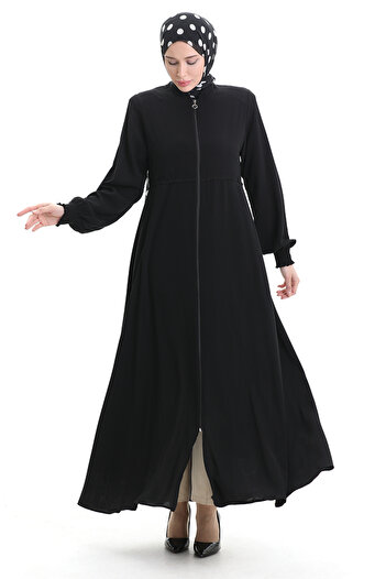 sefamerve Large Size Embroidered Zippered Ferace 5079-01 Black