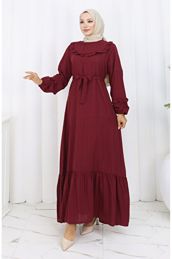 sefamerve Ruffled Belted Dress 2159-03 Burgundy