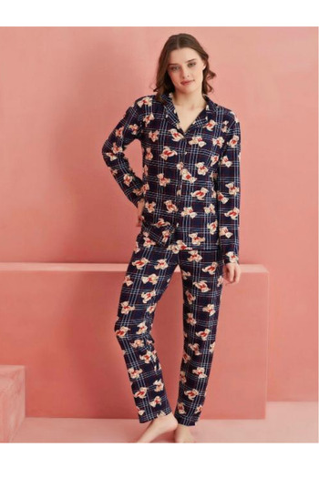 Tutkum Women's Suede Pajama Set Long Sleeve Floral Pattern Comfortable Home Wear