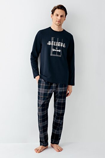 Arnetta Men's Navy Blue 100% Cotton Plaid Pajama Set