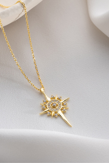 Two Arts Jewelry 925 Ayar Gümüş Güneş ve Yıldız Zirkon Taşlı Kolye – Zirkon Taşlı – Kadın