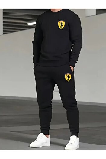 puolikuu Tracksuit Set Sweatshirt Jogger - Oversize Ribbed Ferrar Logo Printed Bisikletyaka