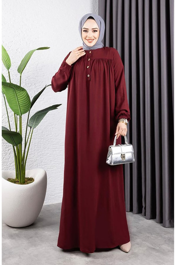 sefamerve Half Buttoned Viscose Dress 7103-06 Burgundy