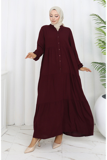 sefamerve Viscose Fabric Half Button Dress 4125-05 Plum