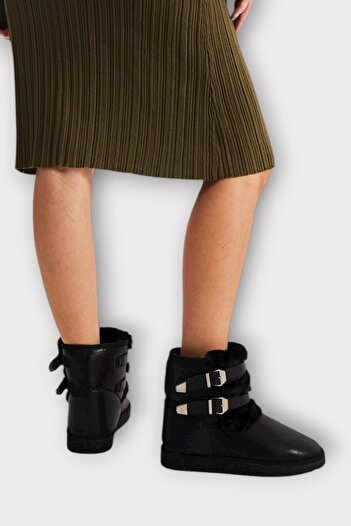 Liger Women's Boots with Fur Inside and Double Belt Black