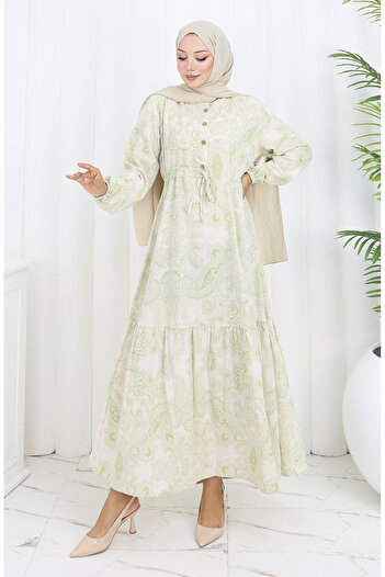 sefamerve Linen Fabric Waist Tie Buttoned Dress 0173-01 Khaki