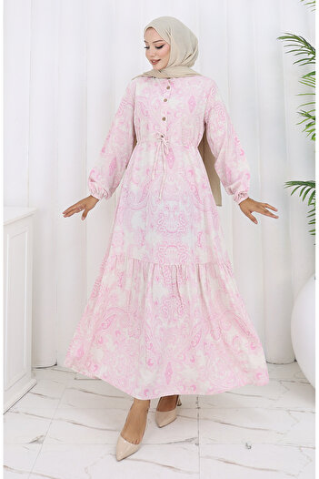 sefamerve Linen Fabric Waist Tie Buttoned Dress 0173-02 Pink