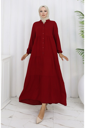 sefamerve Viscose Fabric Half Button Dress 4125-01 Burgundy
