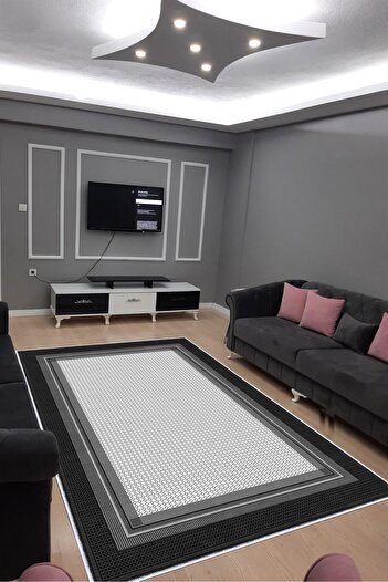 VOPTEKS Gri Siyah Halı Salon Halısı Makinede Yıkanabilir Halı Kaymaz Taban Halı