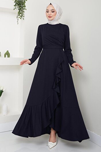 hafsamina Skirt Ruffled Draped Dress Navy Blue Hm2419
