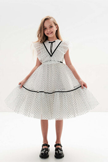 SOLLUXE ODALYS – Elegant Dress in Fine Tulle with Ruffles, Polka Dots, and Velvet Ribbons, White,134