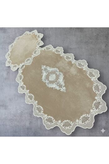 DECORA CASA HOME COLLECTİON Set of 2 Dowry French Lace Appliqued Toilet Seat Bathroom Carpet Mat Set (60X100) and (50X60)