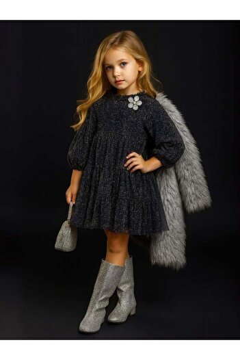 Zekids Girl's Glitter Layered Dress with Stone Accessories