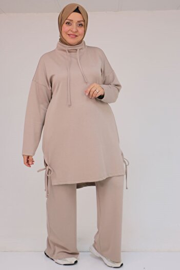 Eslina 47094 Plus Size High Neck Modal Suit with Pants - Mink