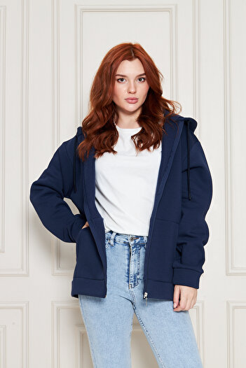 Tight Lady Navy Blue Thick Textured Puff 3-Thread Kangaroo Pocket Hooded Zippered Fleece Inside Sweatshirt Cardigan