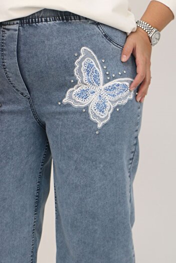 Eslina 59035 Plus Size Butterfly Stone Detailed Wide Leg Jeans - Snow Wash Blue