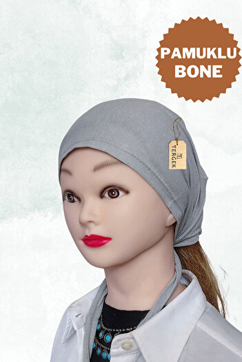 Tergek Plain Combed Cotton Bonnet Gray, Cotton Adjustable Hijab Bonnet with Back Tie
