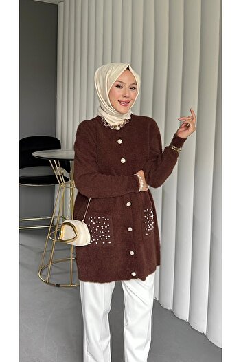 Modamorfo Pearl Detailed Double Pocket Bearded Cardigan - Brown