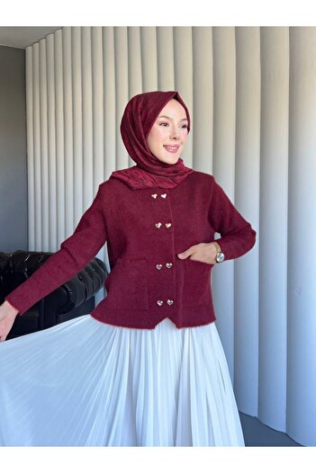 Modamorfo Bearded Cardigan with Heart Buttons and Front Pockets - Burgundy
