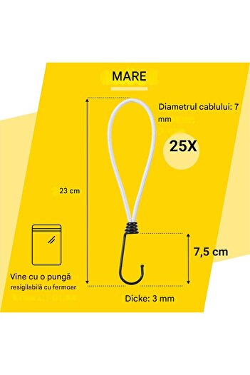 pretex Set of 25 elastic cords, with metal hook,made of resistant latex,23 cm,for fastening, fixing, White