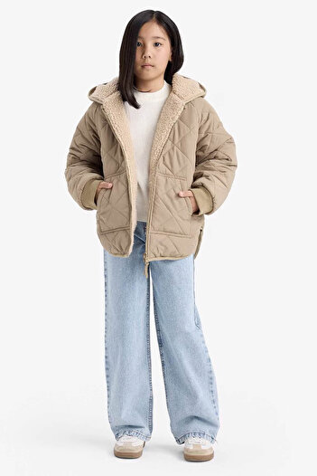 DeFacto Double-Sided Hooded Zippered Quilted Beige Girl's Coat C5770A8/Bg406