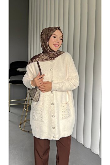 Modamorfo Pearl Detailed Double Pocket Bearded Cardigan -Cream