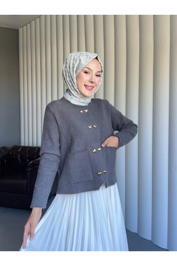 Modamorfo Bearded Cardigan with Heart Buttons and Front Pockets - Smoked